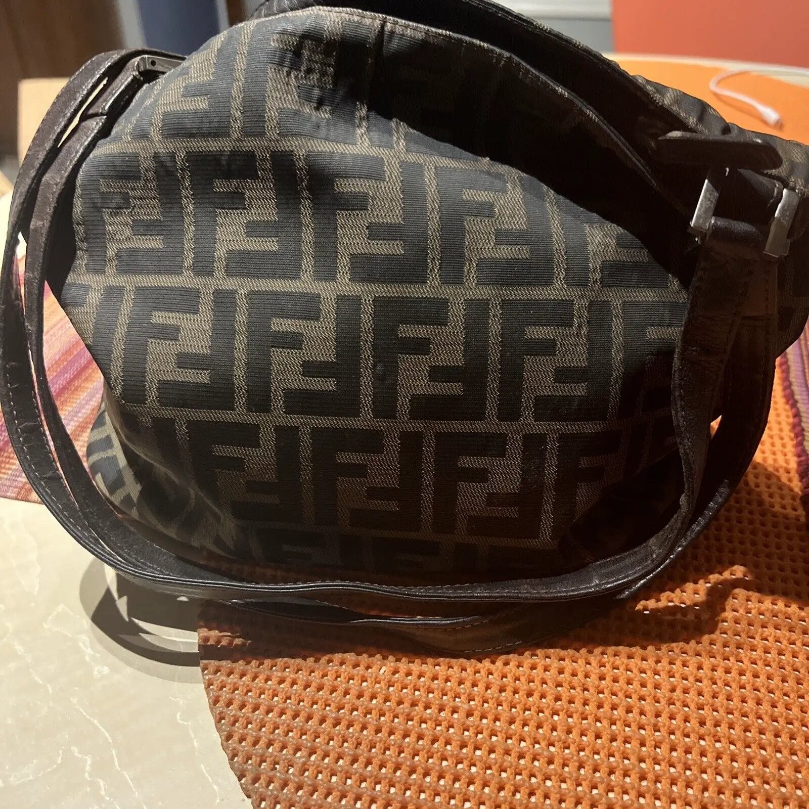 FENDI Logo Zucca Pattern Hand Bag Canvas Leather Brown Italy Vintage 63GA145 by Fendi