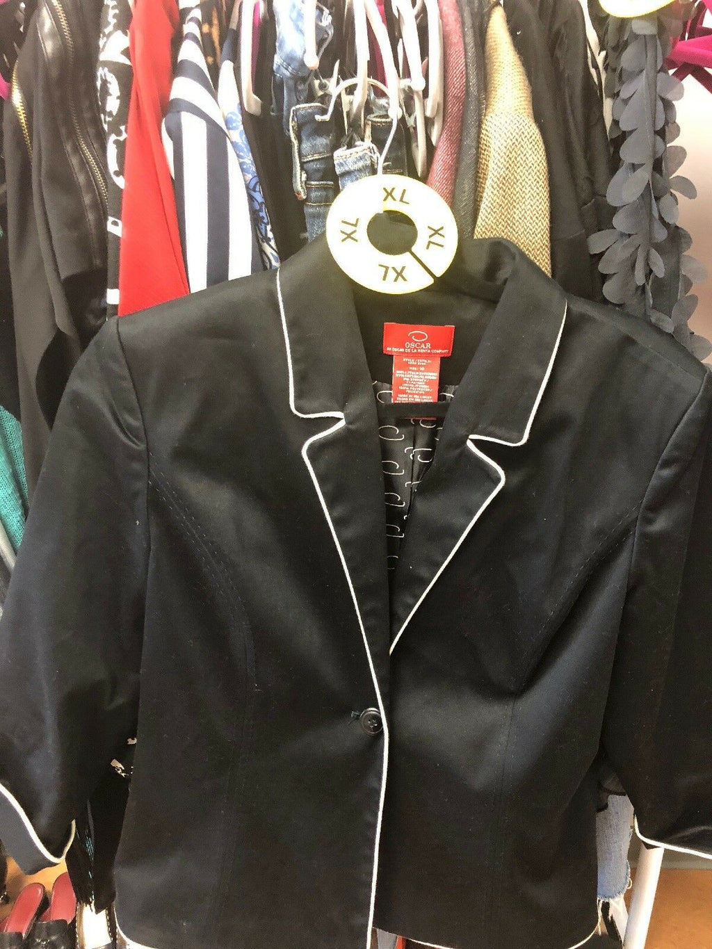 OSCAR DE LA RENTA BLAZER JACKET SZ 10 BLACK BEIGE PIPING SOFT PAD SHOULDERS EUC