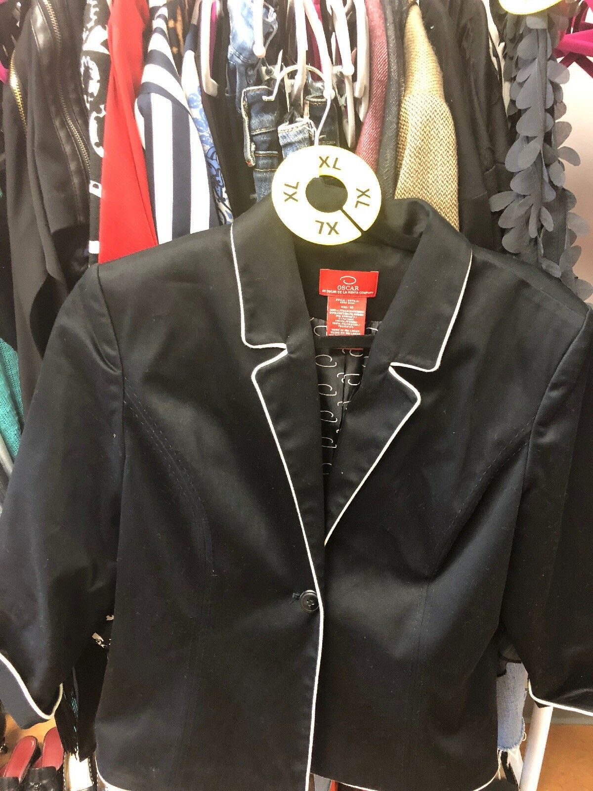 OSCAR DE LA RENTA BLAZER JACKET SZ 10 BLACK BEIGE PIPING SOFT PAD SHOULDERS EUC