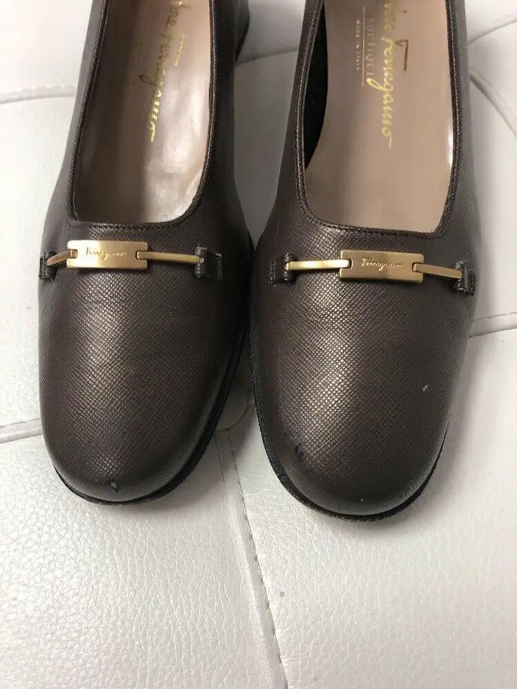 Salvatore Ferragamo Boutique Brown Leather Square Heels Pumps Size 8.5 4A Narrow by Salvatore Ferragamo