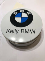 RARE NEW - ROUND BMW AUTOMOTIVE AUTO BRAND 8" DIAM X 3" H TIN METAL COOKIE CAN