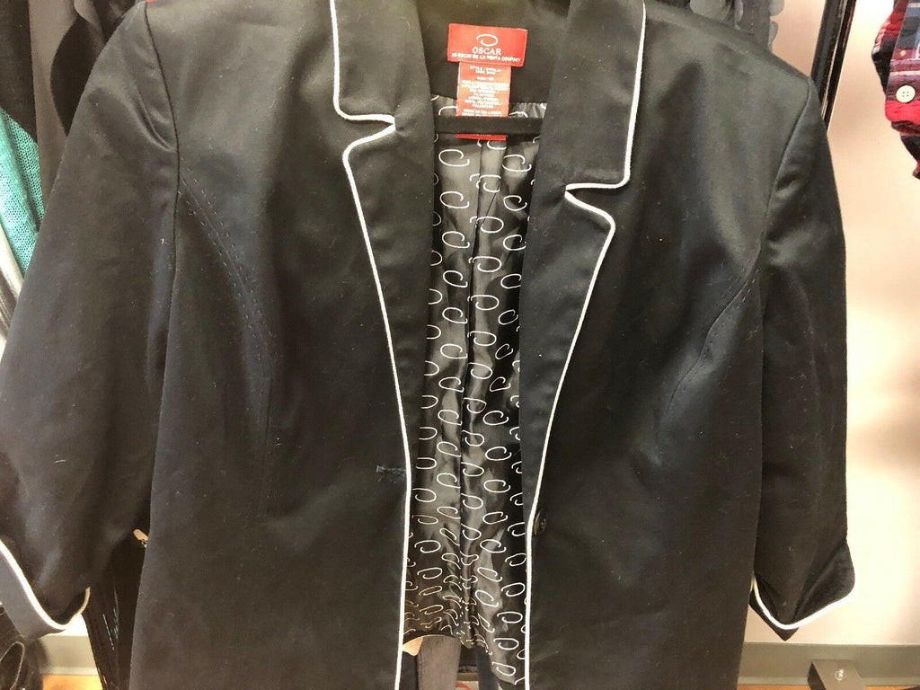 OSCAR DE LA RENTA BLAZER JACKET SZ 10 BLACK BEIGE PIPING SOFT PAD SHOULDERS EUC