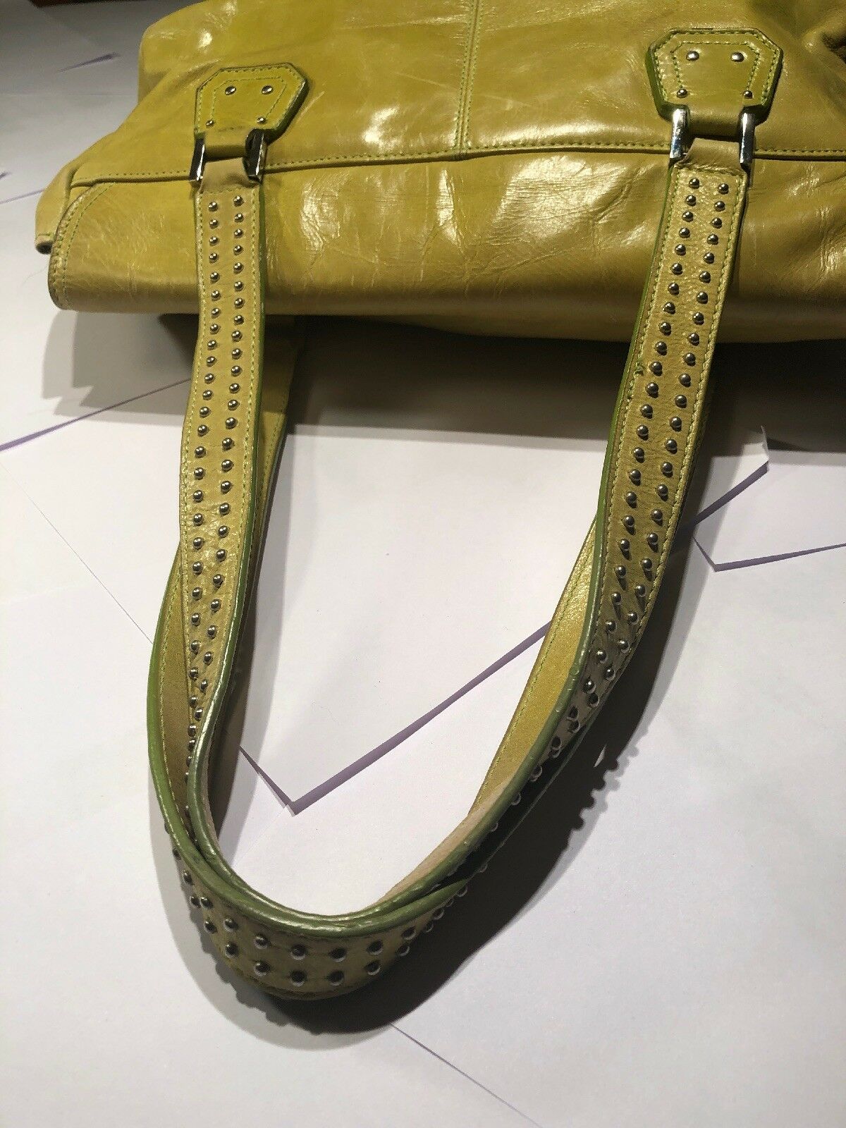 Franco Sarto Leather Satchel Clutch Bag Studded Strap Side Buckle Mustard