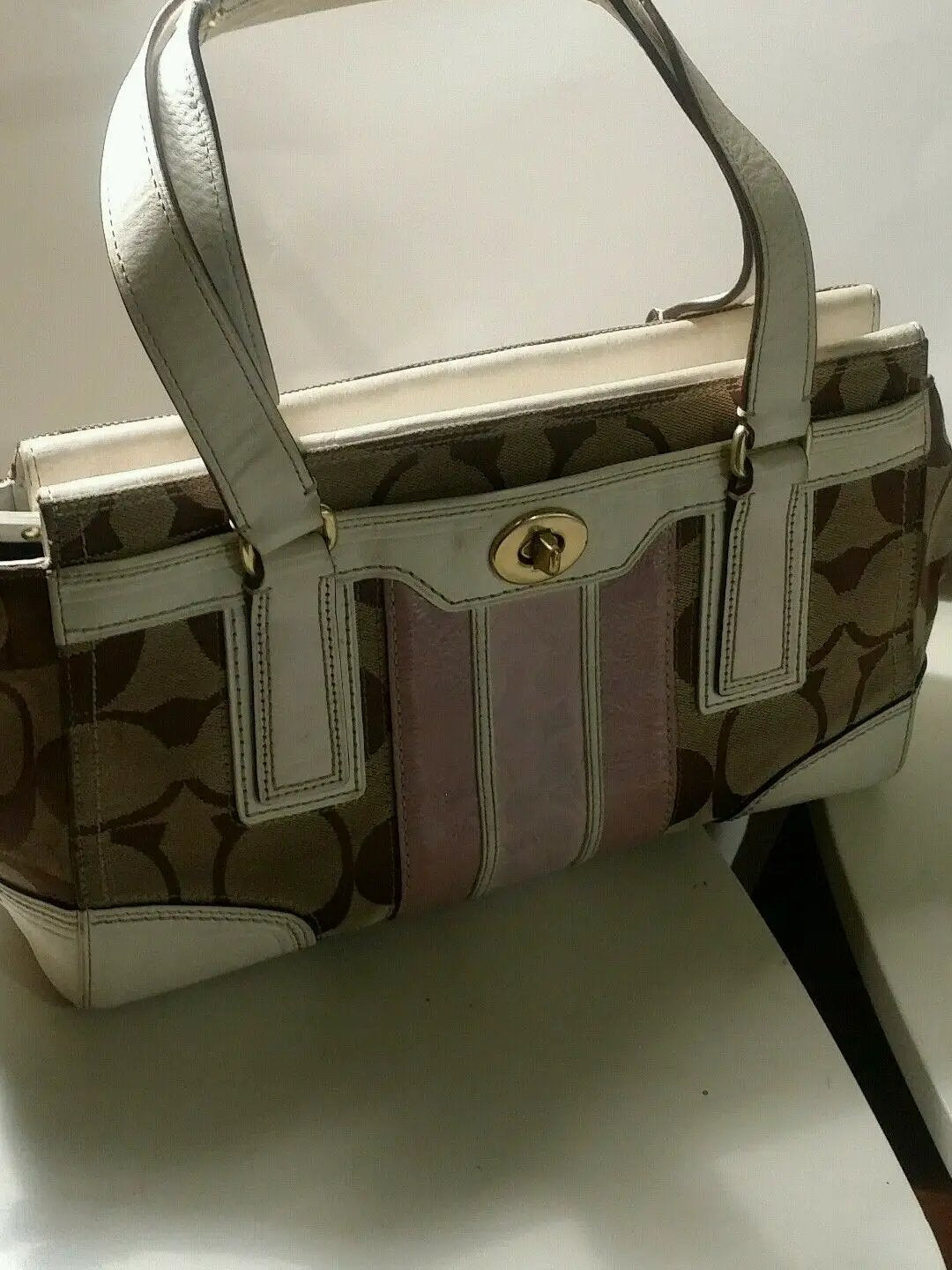 Coach signature satchel white leather trim and also mauve. by Coach