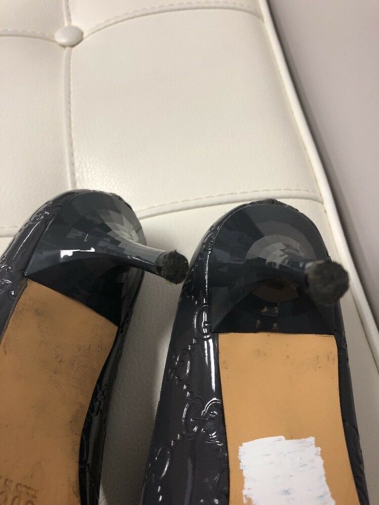 Gray Peep Toe G Patent Letter Embossed Shoes