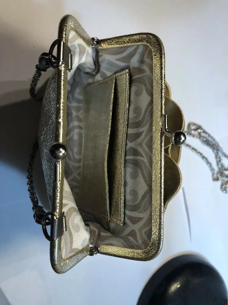 BRIGHTON Gold Metallic Leather Flower Clutch Chain Purse Handbag Kisslock by Brighton