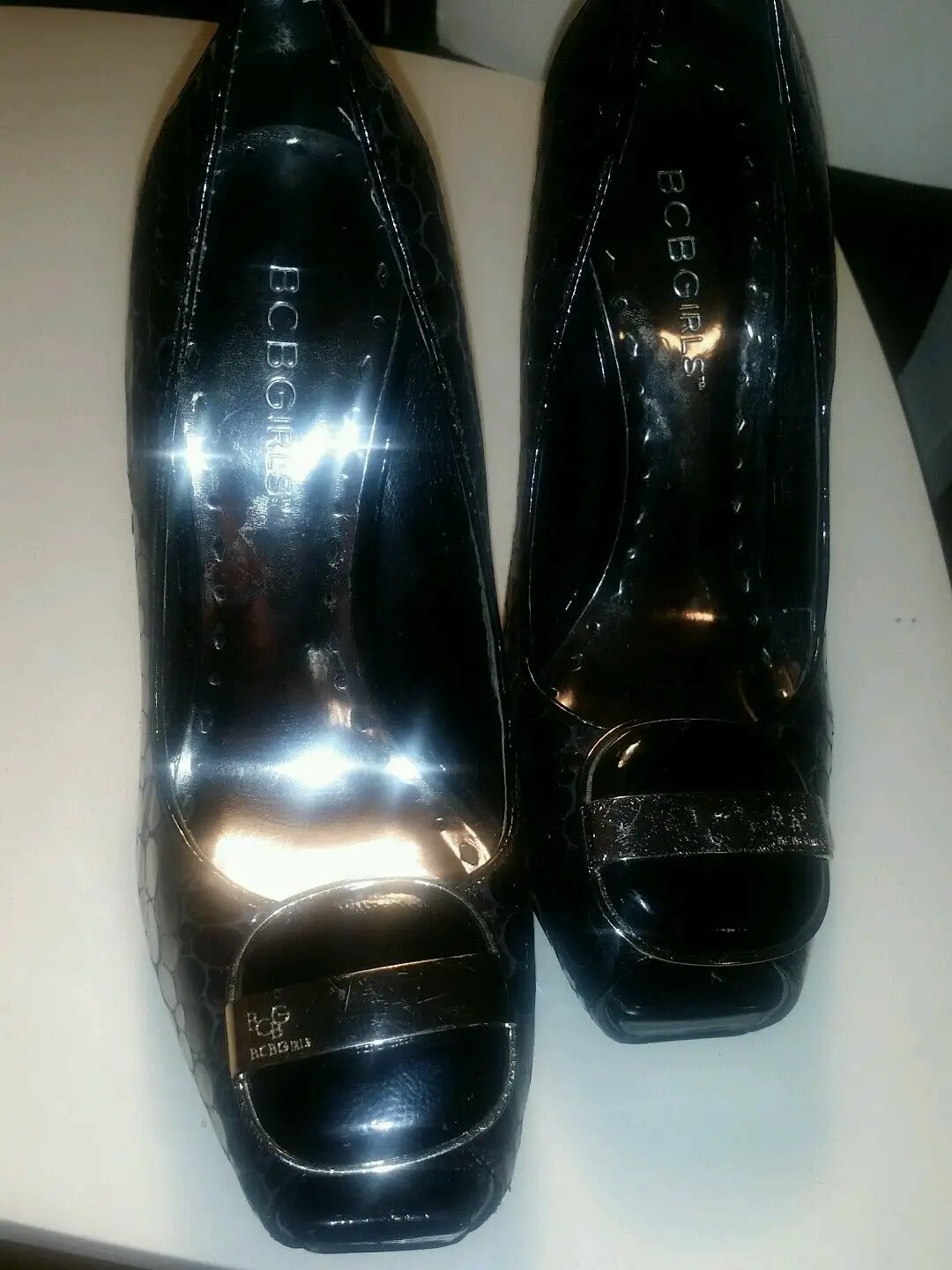 Bcbg black croco peep toe chunky heels with buckle by BCBGirls