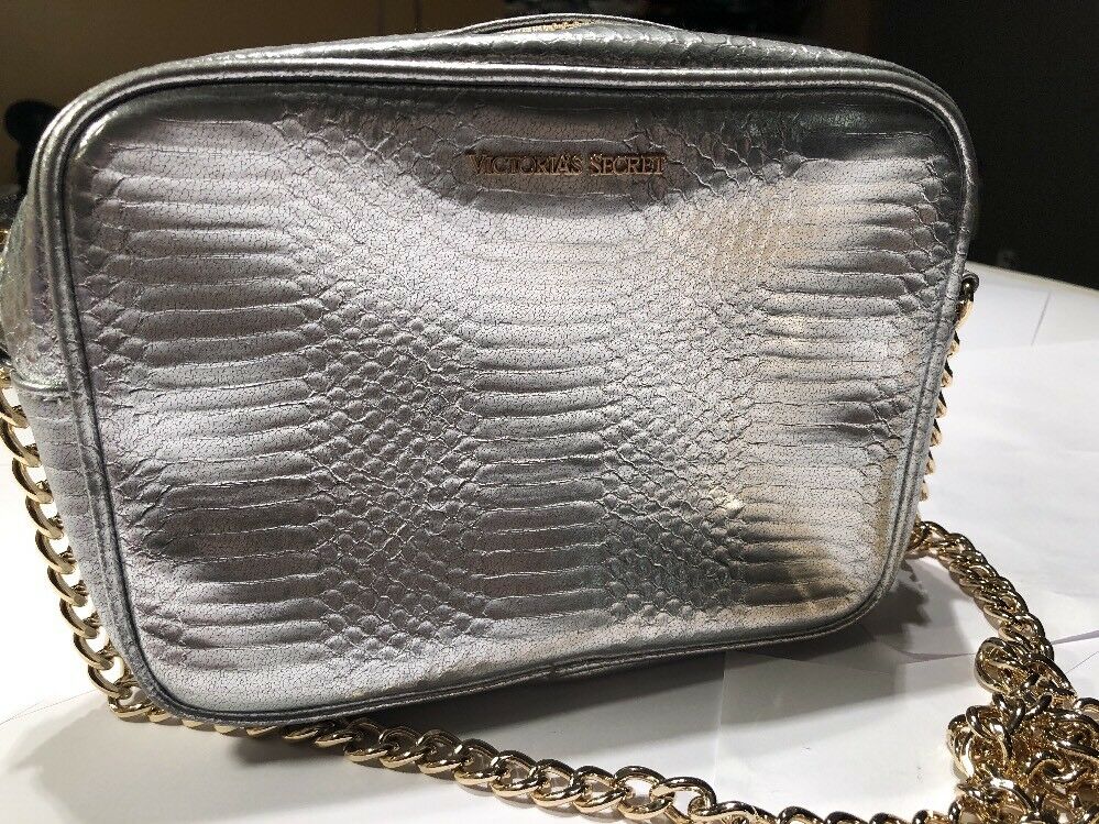 Victoria's Secret Metaillc Croc Silver Crossbody Bag Gold Chain Strap Purse