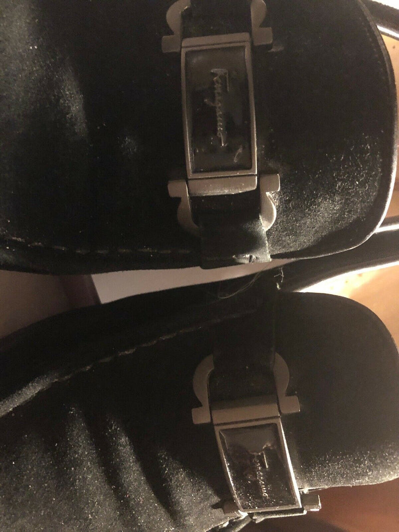 Farragamo black suede slip on loafers flats gold buckle size 11 AA