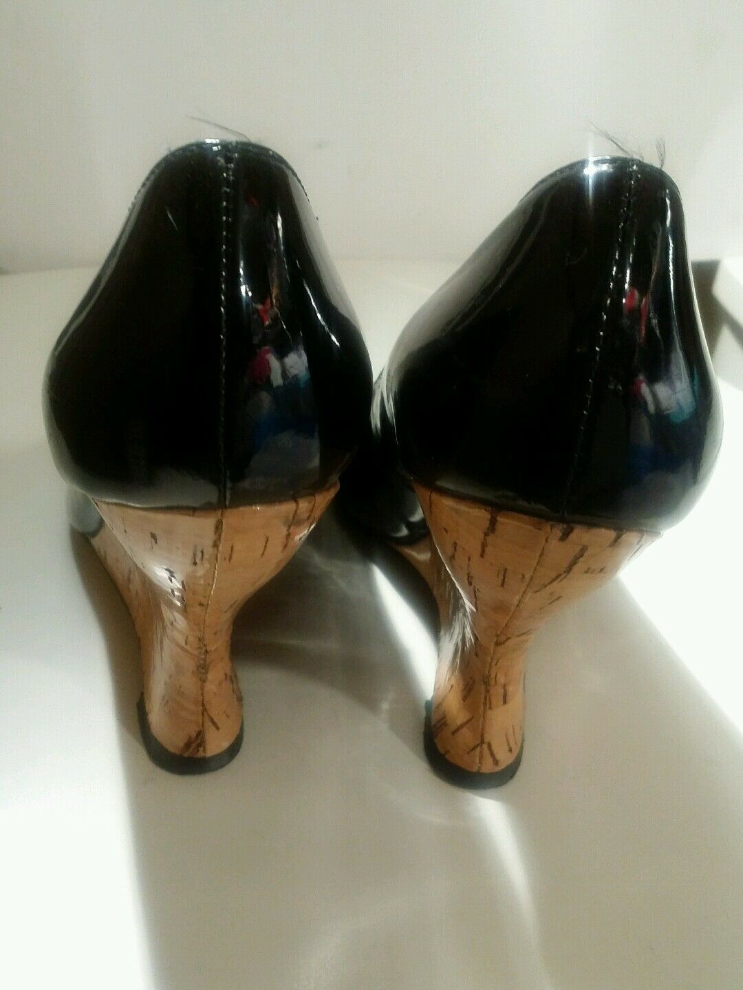 White House Black Market Black Patent Leather Peep Toe Cork Wedges Women's 7.5 M