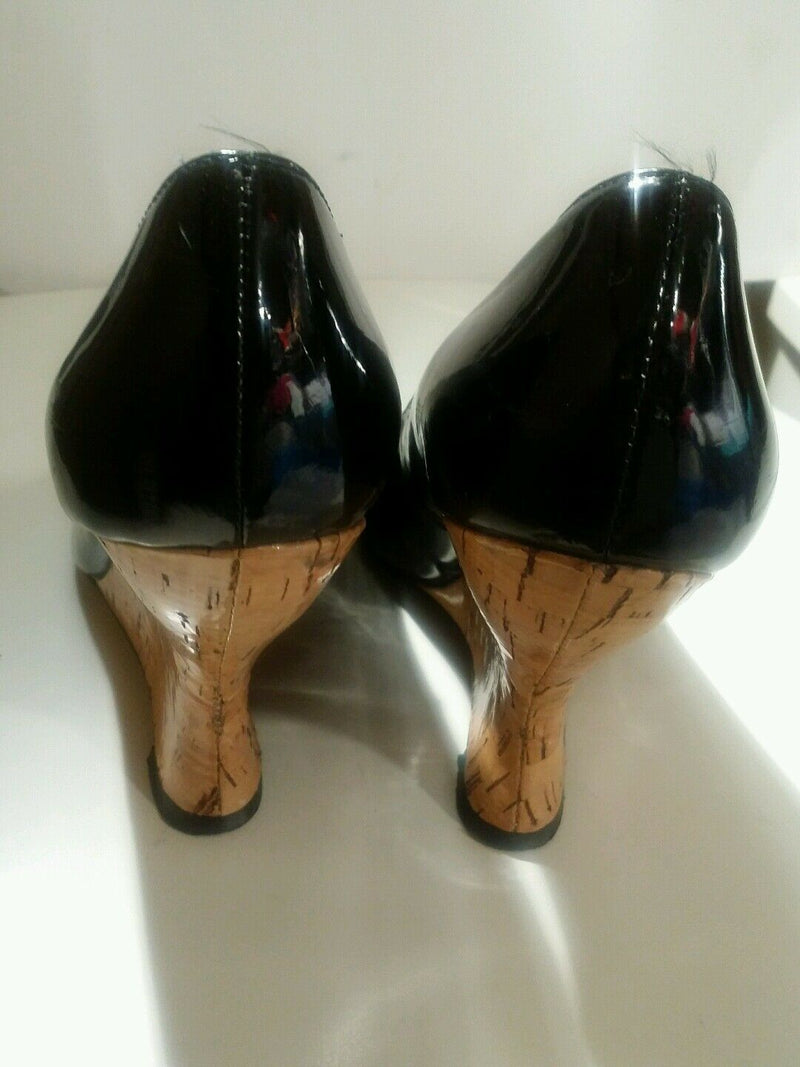 White House Black Market Black Patent Leather Peep Toe Cork Wedges Women's 7.5 M