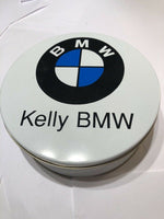 RARE NEW - ROUND BMW AUTOMOTIVE AUTO BRAND 8" DIAM X 3" H TIN METAL COOKIE CAN