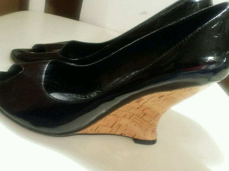 White House Black Market Black Patent Leather Peep Toe Cork Wedges Women's 7.5 M