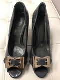 Gray Peep Toe G Patent Letter Embossed Shoes