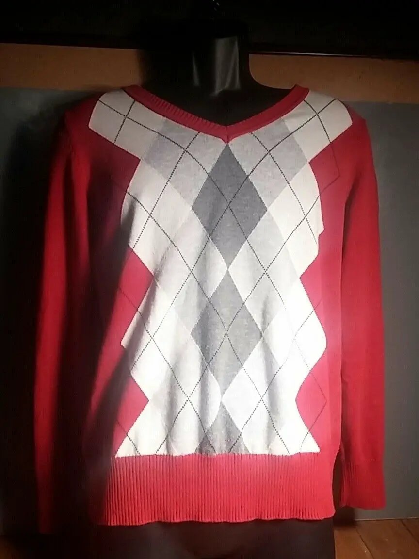 St.Johns bay knit Argyle red and gray sweater LARGE, 97% COTTON & 3% OTHER FIBER by St.johns bay