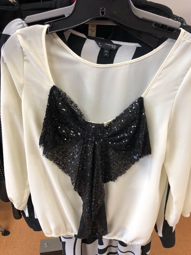 Sequin Black Bow On White Small Blouse