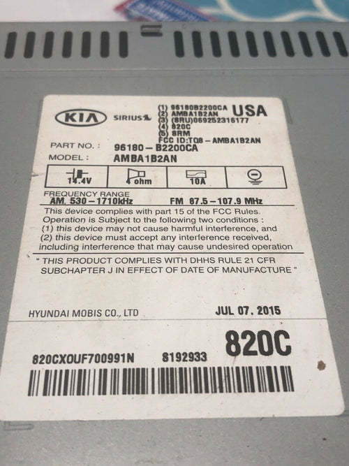 15 16 Kia Soul Radio Mp3 Sirius Player Bluetooth 96180-B2200CA LE014