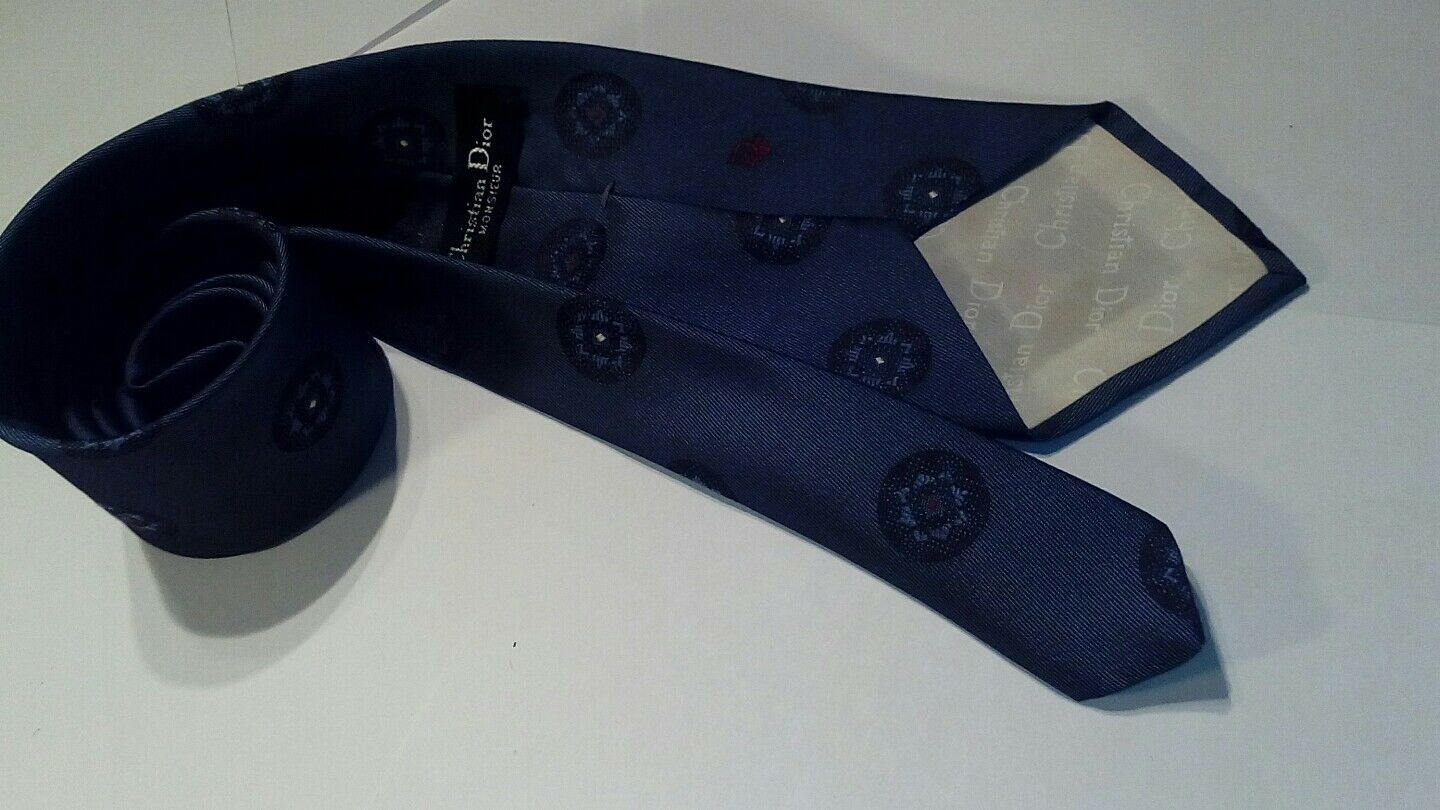 CHRISTIAN DIOR MONSIEUR DARK BLUE  CIRCLES SILK NECKTIE TIE MNO1116C #V15
