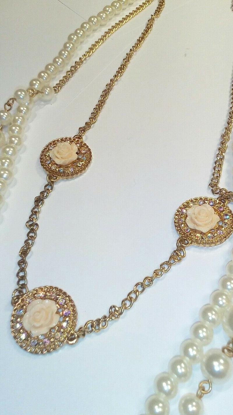 lovely  costume pearl and floral  three layered necklace