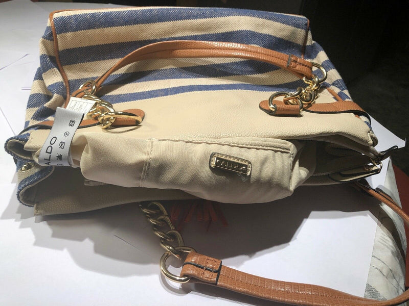 Aldo Navy & White Stripe Brown Leather Nautical Handbag Gold Chain Zipper Tassel