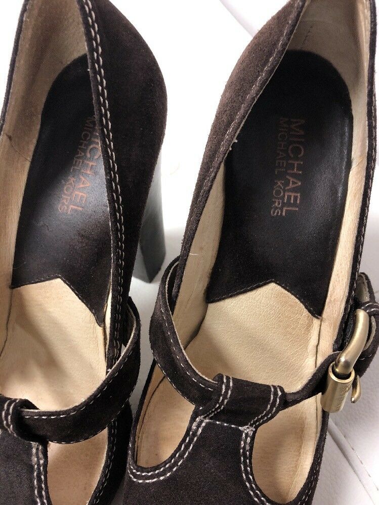 MICHAEL KORS  SUEDE ANNABEL T-STRAP PLATFORM PUMPS DARK BROWN SIZE 6M