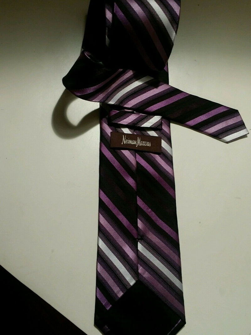 NEIMAN MARCUS Gray Black Purple White STRIPED Self-tipped Woven Silk Tie EUC