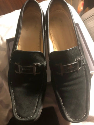 Ferragamo Black Suede Slip On Loafers Flats Gold Buckle Size 11 AA