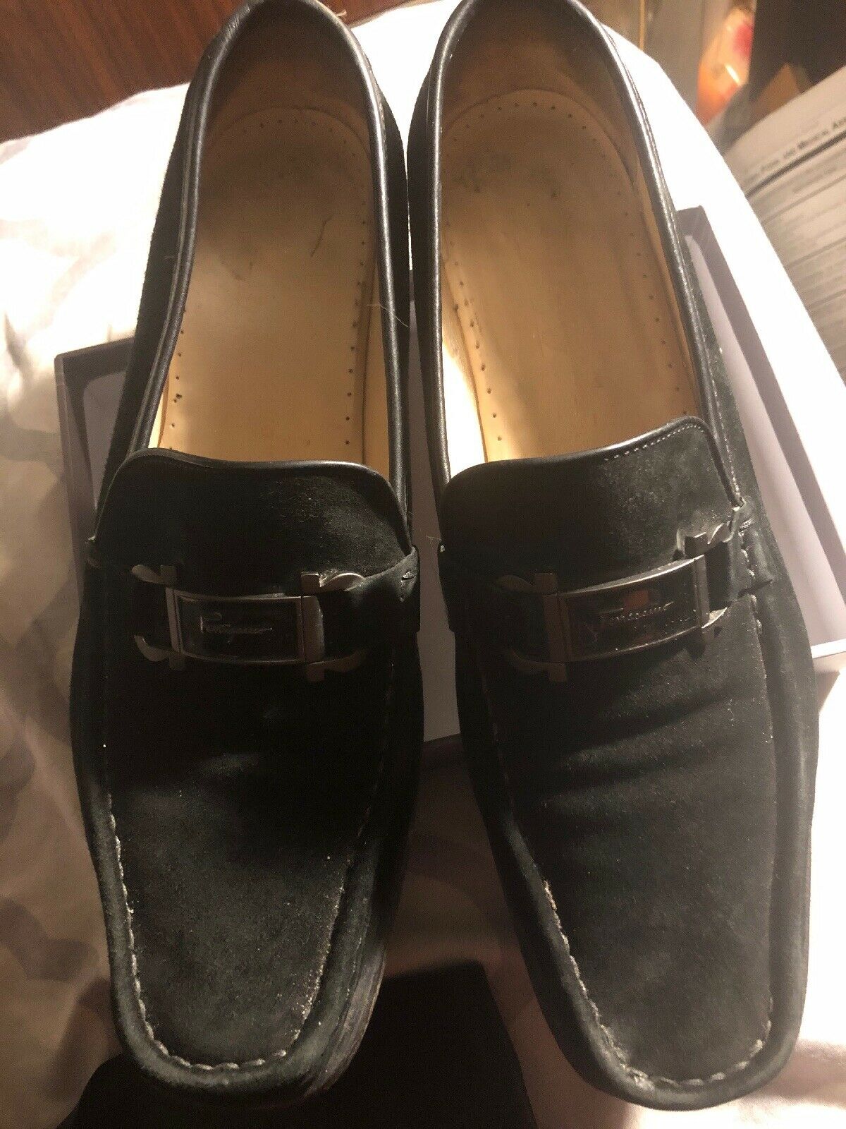 Farragamo black suede slip on loafers flats gold buckle size 11 AA
