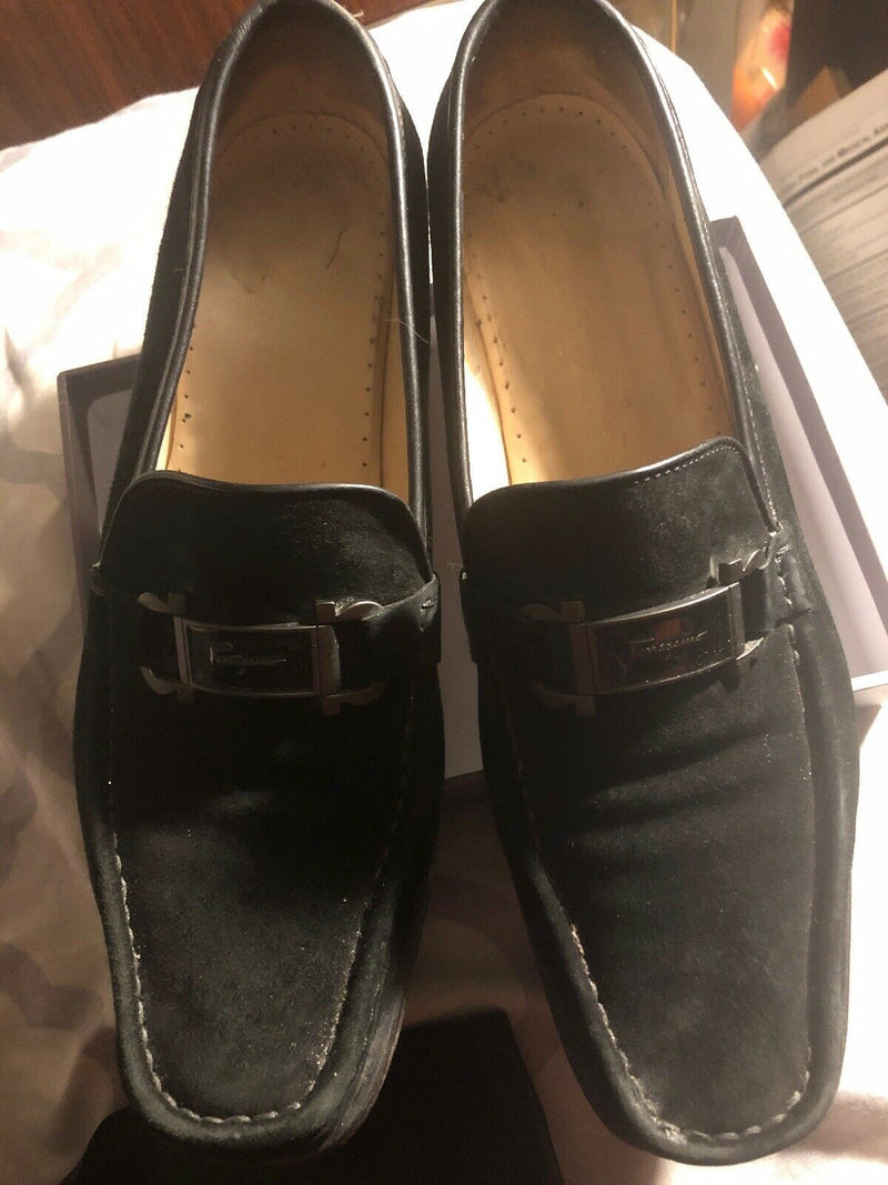 Farragamo black suede slip on loafers flats gold buckle size 11 AA