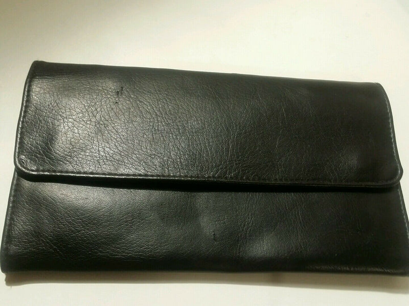 Brand star black leather snap wallet with snap closure.