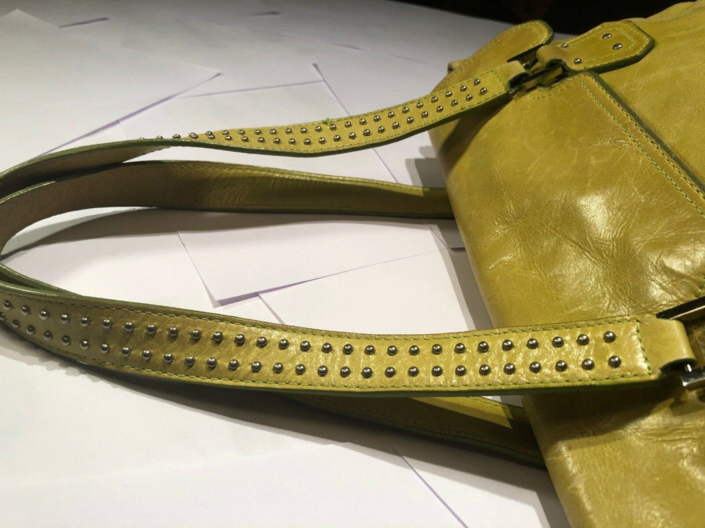Franco Sarto Leather Satchel Clutch Bag Studded Strap Side Buckle Mustard