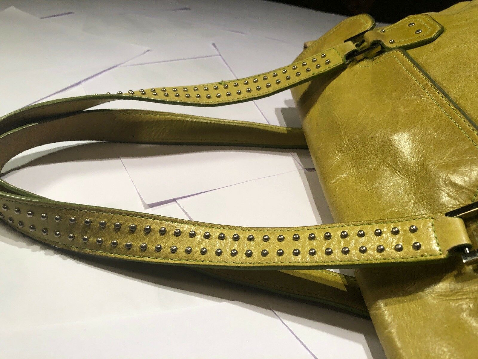 Franco Sarto Leather Satchel Clutch Bag Studded Strap Side Buckle Mustard