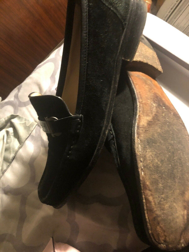 Farragamo black suede slip on loafers flats gold buckle size 11 AA