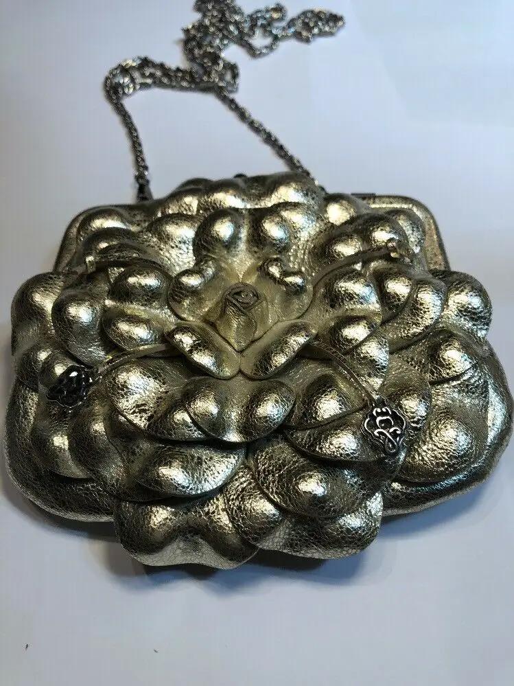 BRIGHTON Gold Metallic Leather Flower Clutch Chain Purse Handbag Kisslock by Brighton