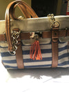 Aldo Navy & White Stripe Brown Leather Nautical Handbag Gold Chain Zipper Tassel