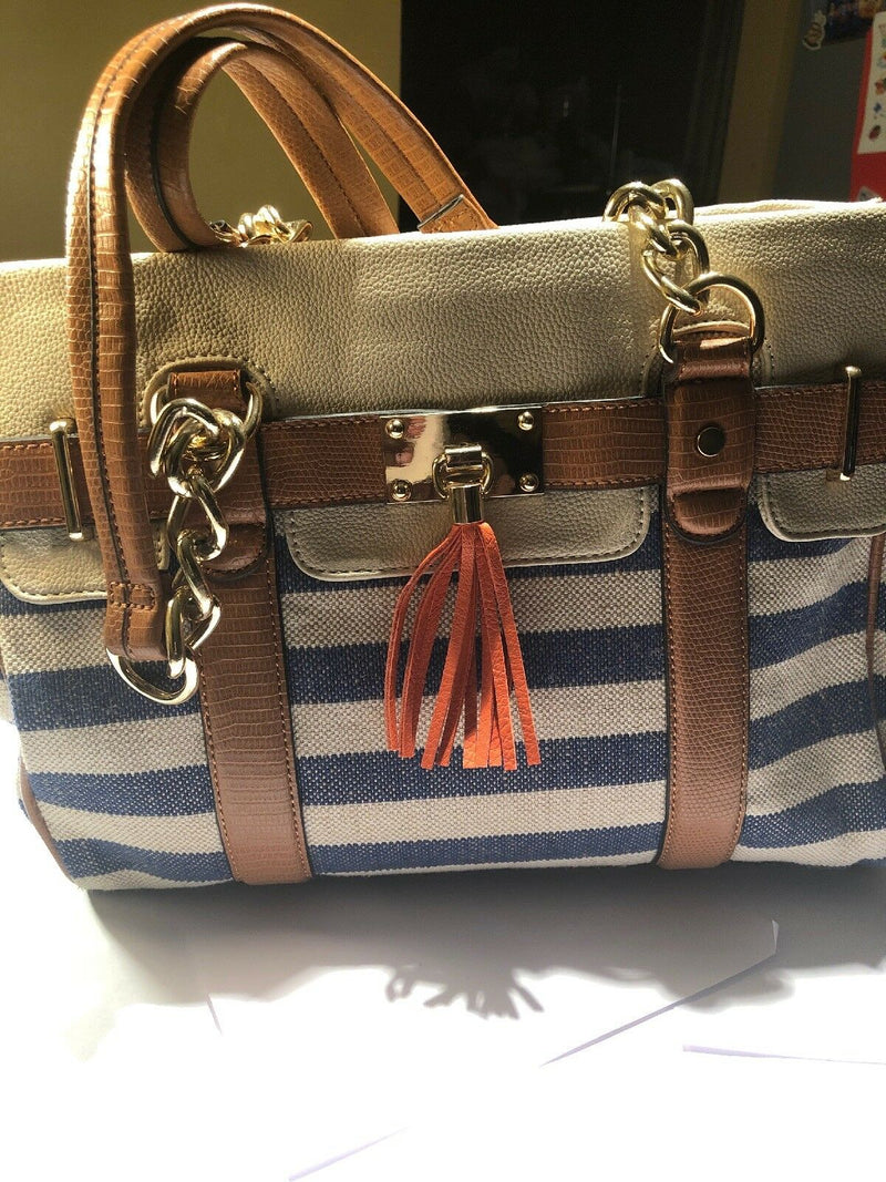 Aldo Navy & White Stripe Brown Leather Nautical Handbag Gold Chain Zipper Tassel