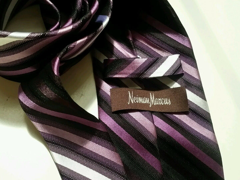 NEIMAN MARCUS Gray Black Purple White STRIPED Self-tipped Woven Silk Tie EUC