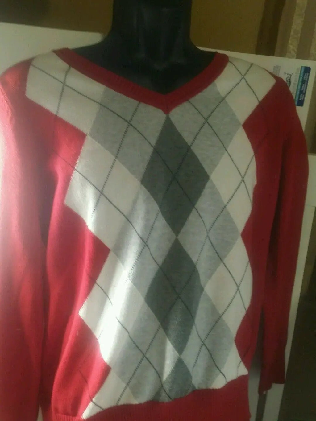 St.Johns bay knit Argyle red and gray sweater LARGE, 97% COTTON & 3% OTHER FIBER by St.johns bay