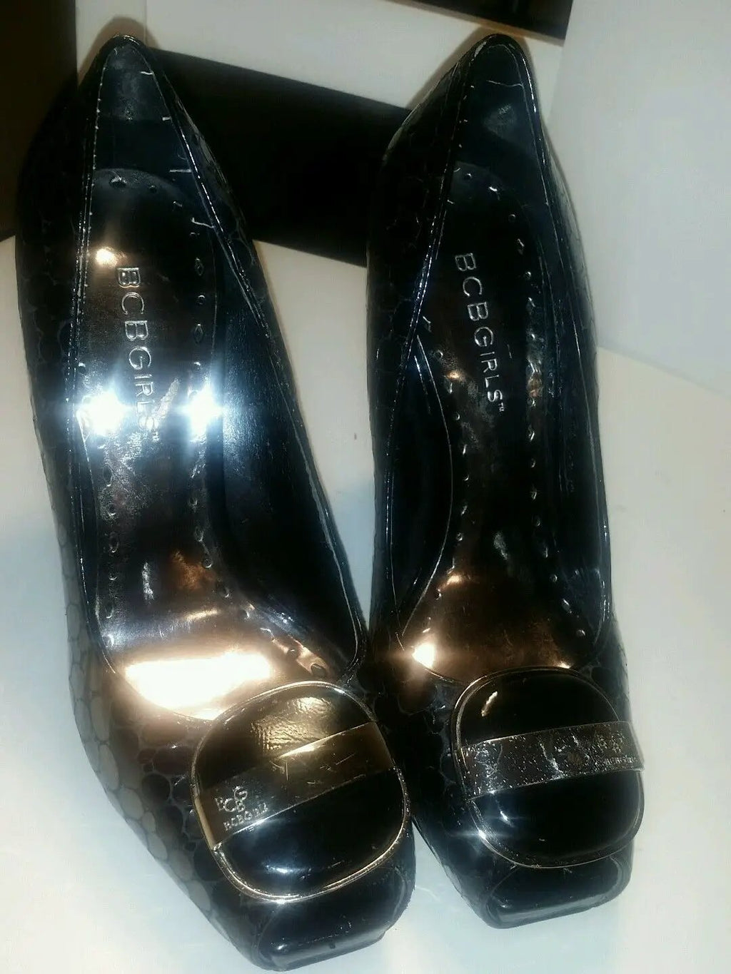 Bcbg black croco peep toe chunky heels with buckle by BCBGirls