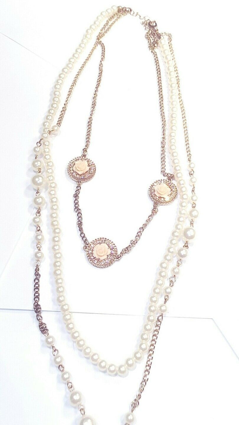 lovely  costume pearl and floral  three layered necklace