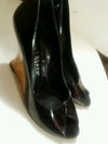 White House Black Market Black Patent Leather Peep Toe Cork Wedges Women's 7.5 M