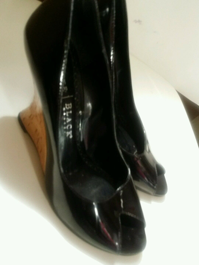 White House Black Market Black Patent Leather Peep Toe Cork Wedges Women's 7.5 M