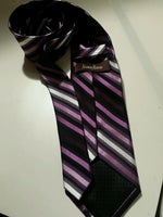 NEIMAN MARCUS Gray Black Purple White STRIPED Self-tipped Woven Silk Tie EUC