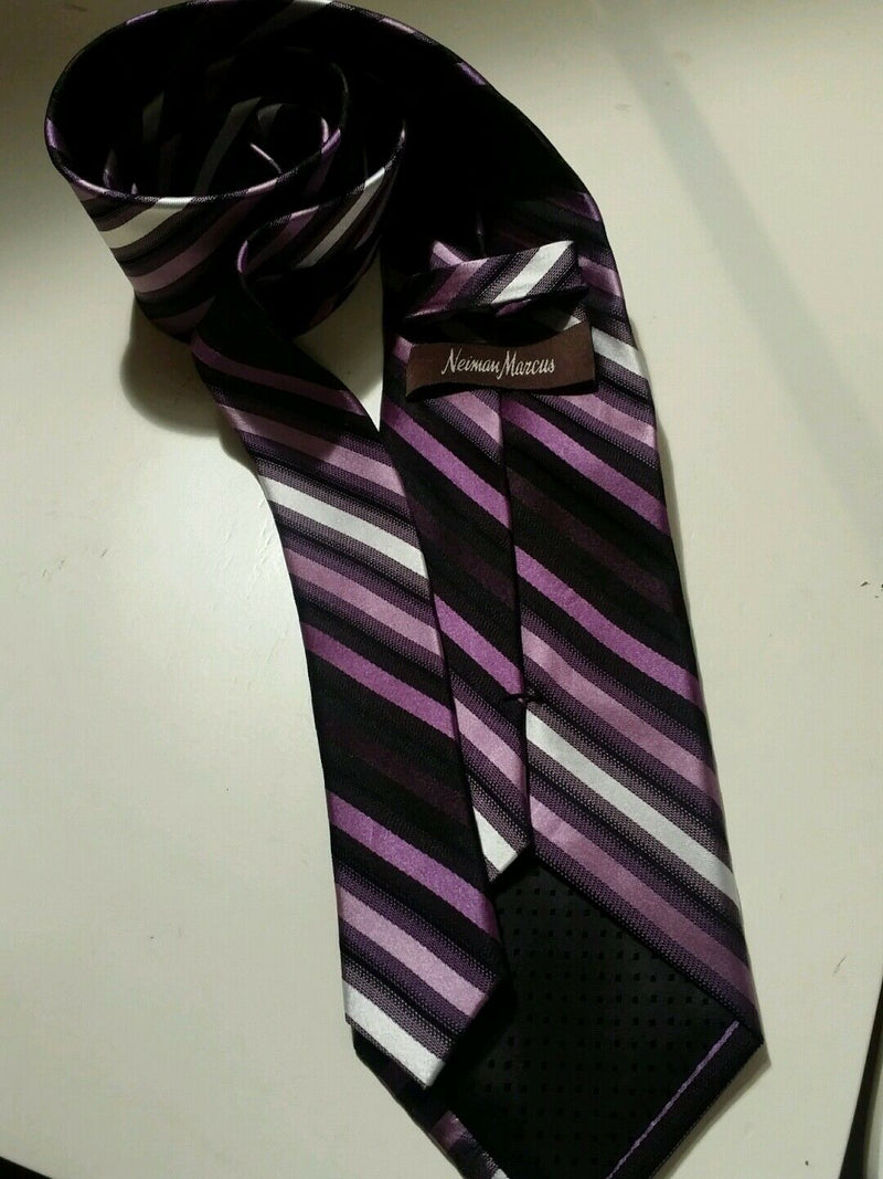 NEIMAN MARCUS Gray Black Purple White STRIPED Self-tipped Woven Silk Tie EUC
