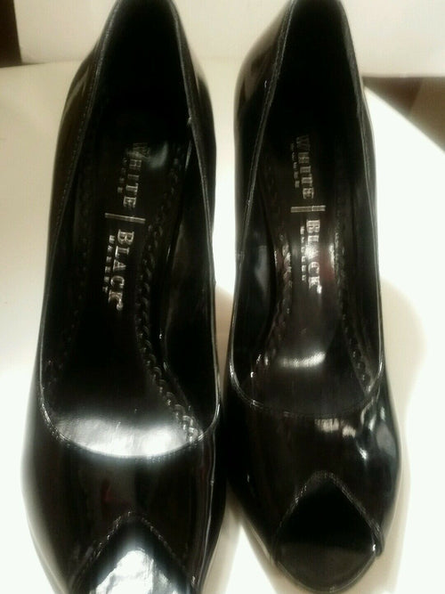 White House Black Market Black Patent Leather Peep Toe Cork Wedges Women's 7.5 M