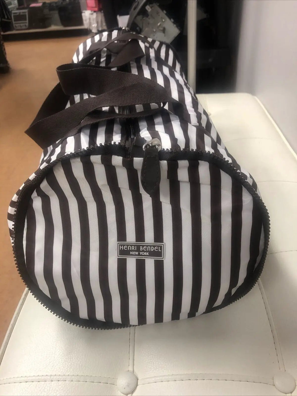 Henri Bendel Packable Travel Bag Limited Edition Brown White Stripes Foldable by Henri Bendel