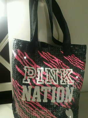 Victoria's Secret Pink Nation Black and Pink Sequins Embellished Canvas Tote Bag