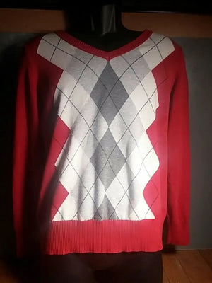 St.Johns bay knit Argyle red and gray sweater LARGE, 97% COTTON & 3% OTHER FIBER