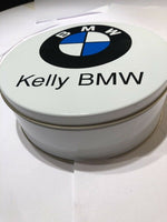 RARE NEW - ROUND BMW AUTOMOTIVE AUTO BRAND 8" DIAM X 3" H TIN METAL COOKIE CAN