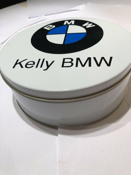 RARE NEW - ROUND BMW AUTOMOTIVE AUTO BRAND 8" DIAM X 3" H TIN METAL COOKIE CAN